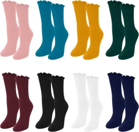 8 Pairs Ruffle Socks for Women,Solid Color Warm Turn-Cuff Frilly Socks Casual Soft Comfortable Breathable Knitted Suitable For All Seasons (Color Series)