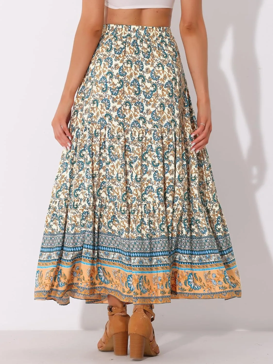 Allegra K Boho Skirt for Women's Casual Peasant Floral Bohemian Tassels Elastic Waist Maxi Skirts
