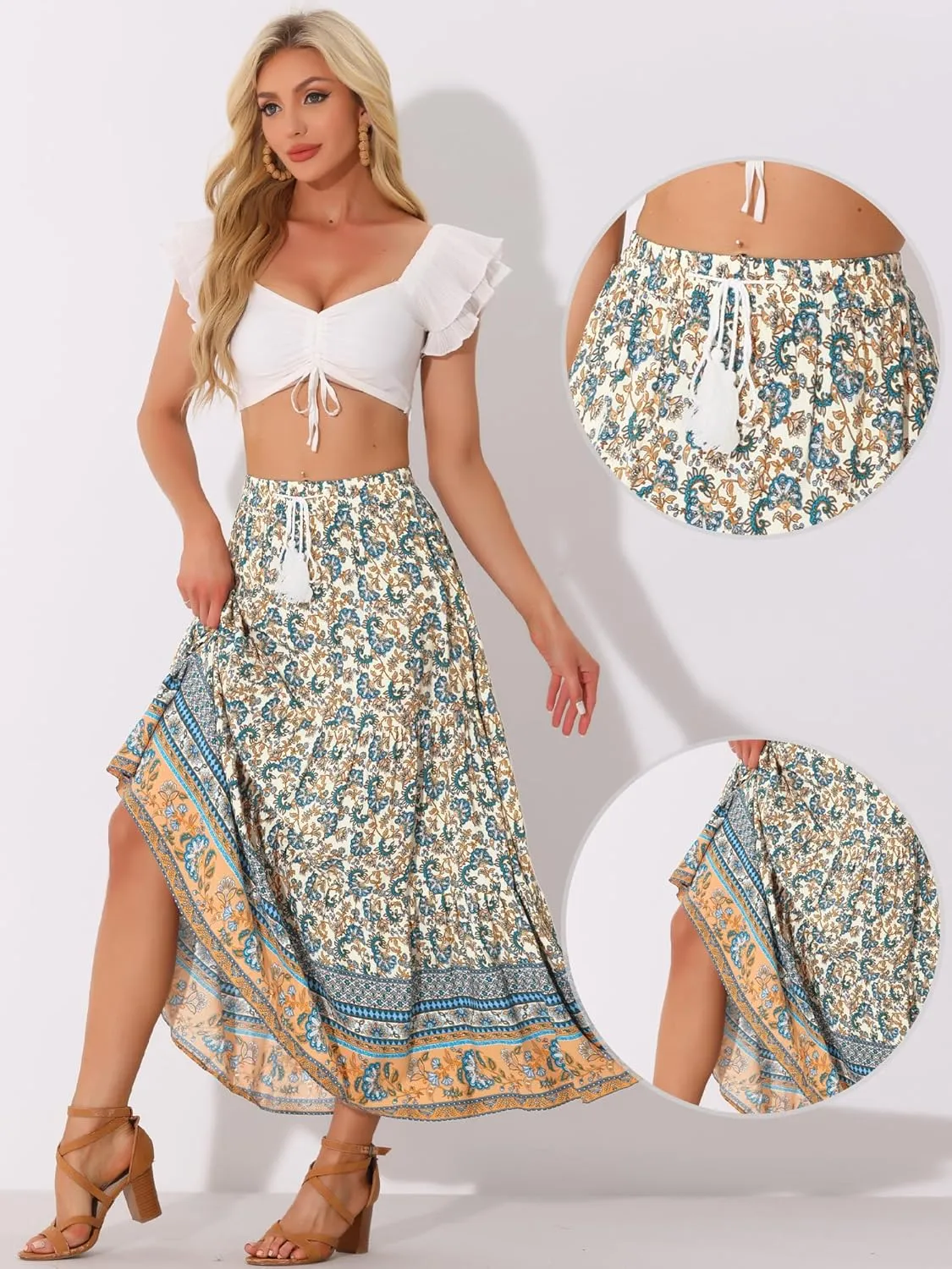 Allegra K Boho Skirt for Women's Casual Peasant Floral Bohemian Tassels Elastic Waist Maxi Skirts