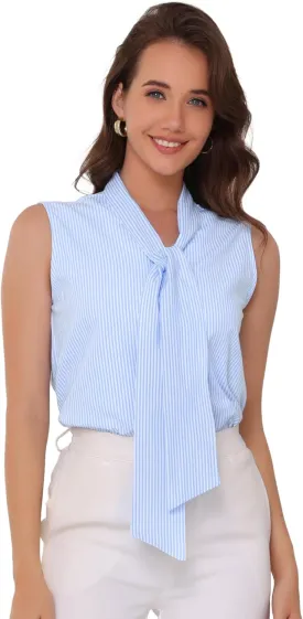 Allegra K Sleeveless Striped Blouses for Women's Tie Neck Casual Tank Tops Shirts Work