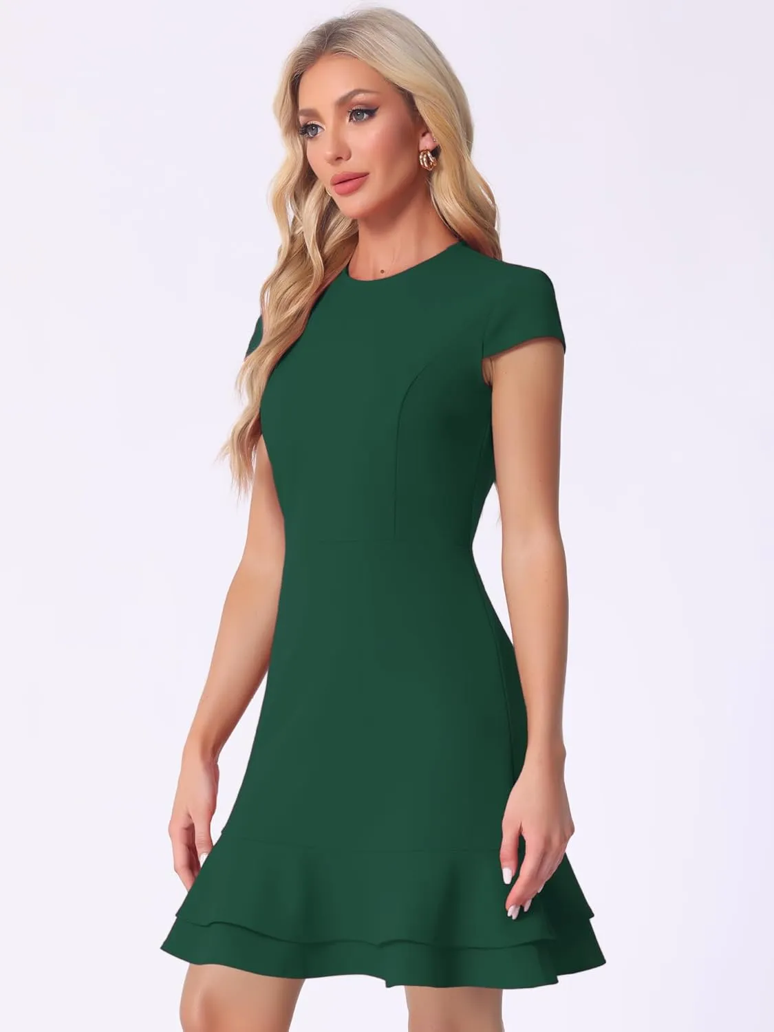 Allegra K Women's Cap Sleeves Round Neck Tiered Ruffled Hem Above Knee Dress