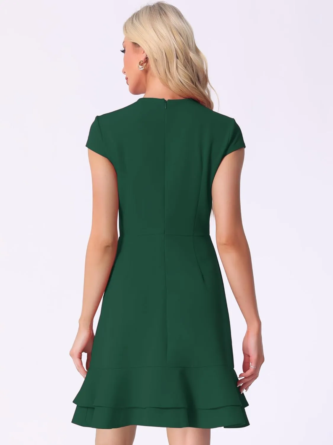 Allegra K Women's Cap Sleeves Round Neck Tiered Ruffled Hem Above Knee Dress