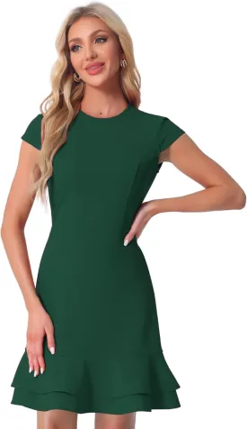 Allegra K Women's Cap Sleeves Round Neck Tiered Ruffled Hem Above Knee Dress