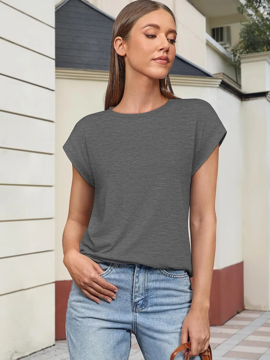 ATHMILE Womens Tops Basic T Shirts Summer Business Dressy Casual Cap Sleeve Tee Cute Clothes Trendy Fashion Outfits