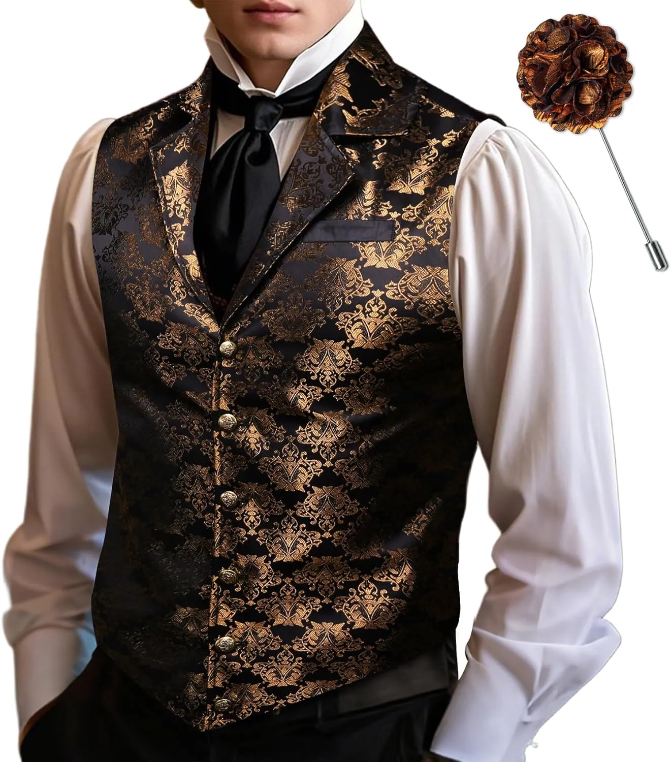 Barry.Wang Mens Victorian Suit Vest Lapel Collar Silk Paisley Steampunk Gothic Waistcoat Formal/Leisure Party