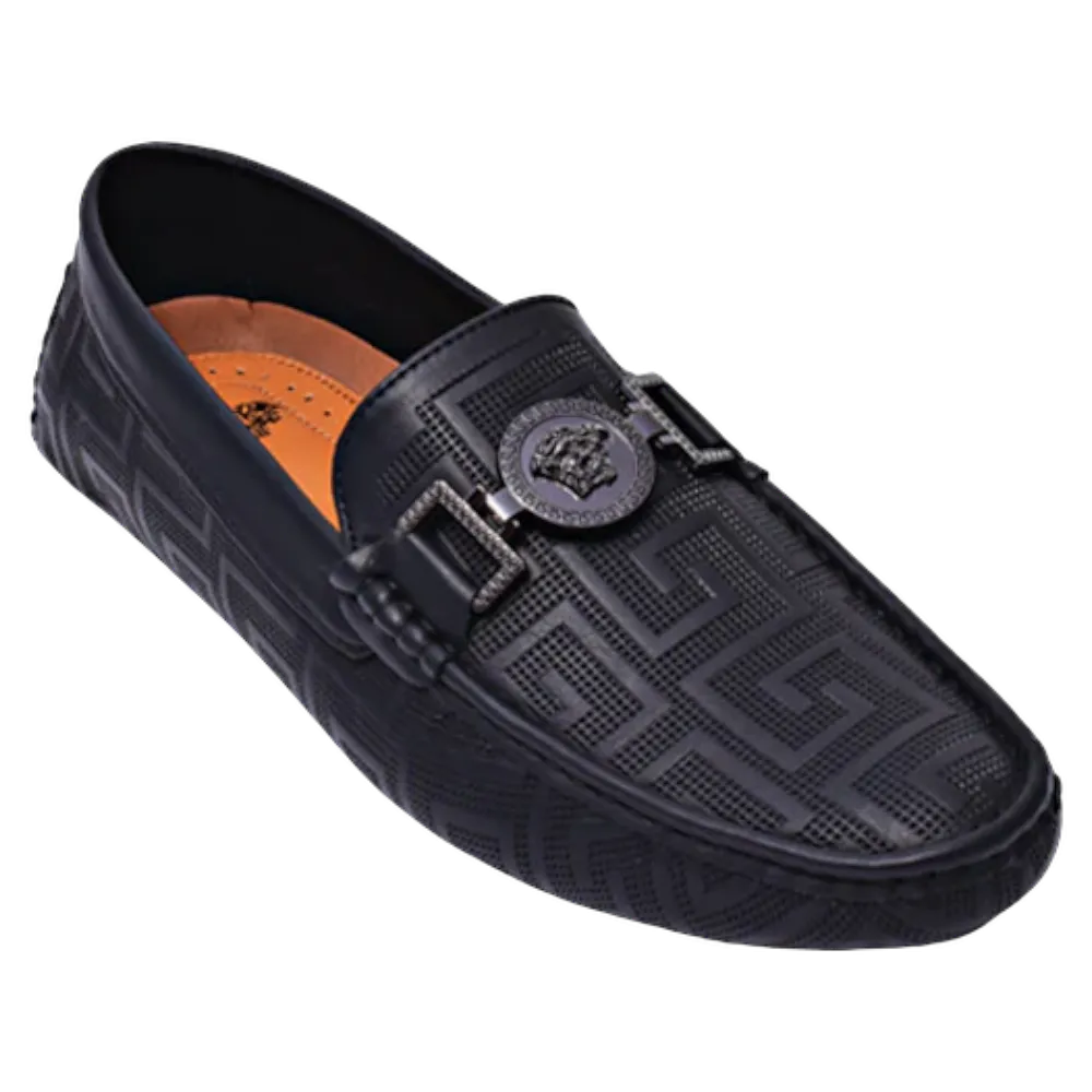 Black men's driver metal buckle printed leather loafer made by royal shoes