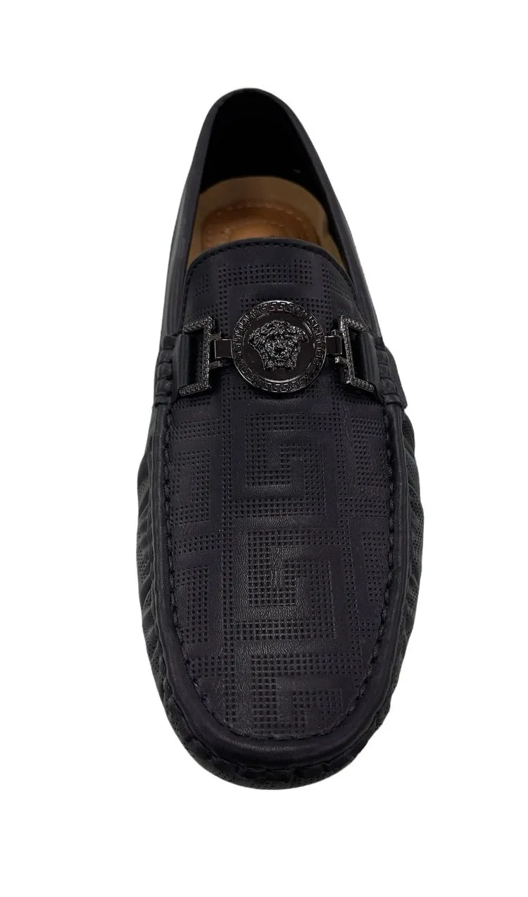 Black men's driver metal buckle printed leather loafer made by royal shoes