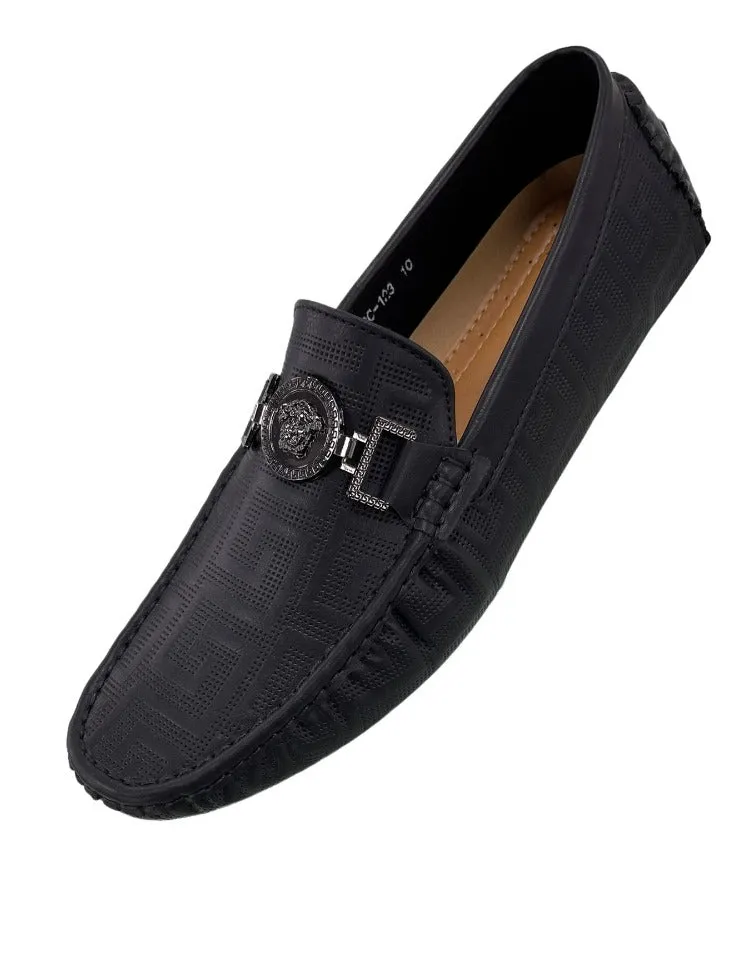 Black men's driver metal buckle printed leather loafer made by royal shoes