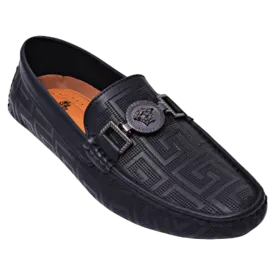 Black men's driver metal buckle printed leather loafer made by royal shoes