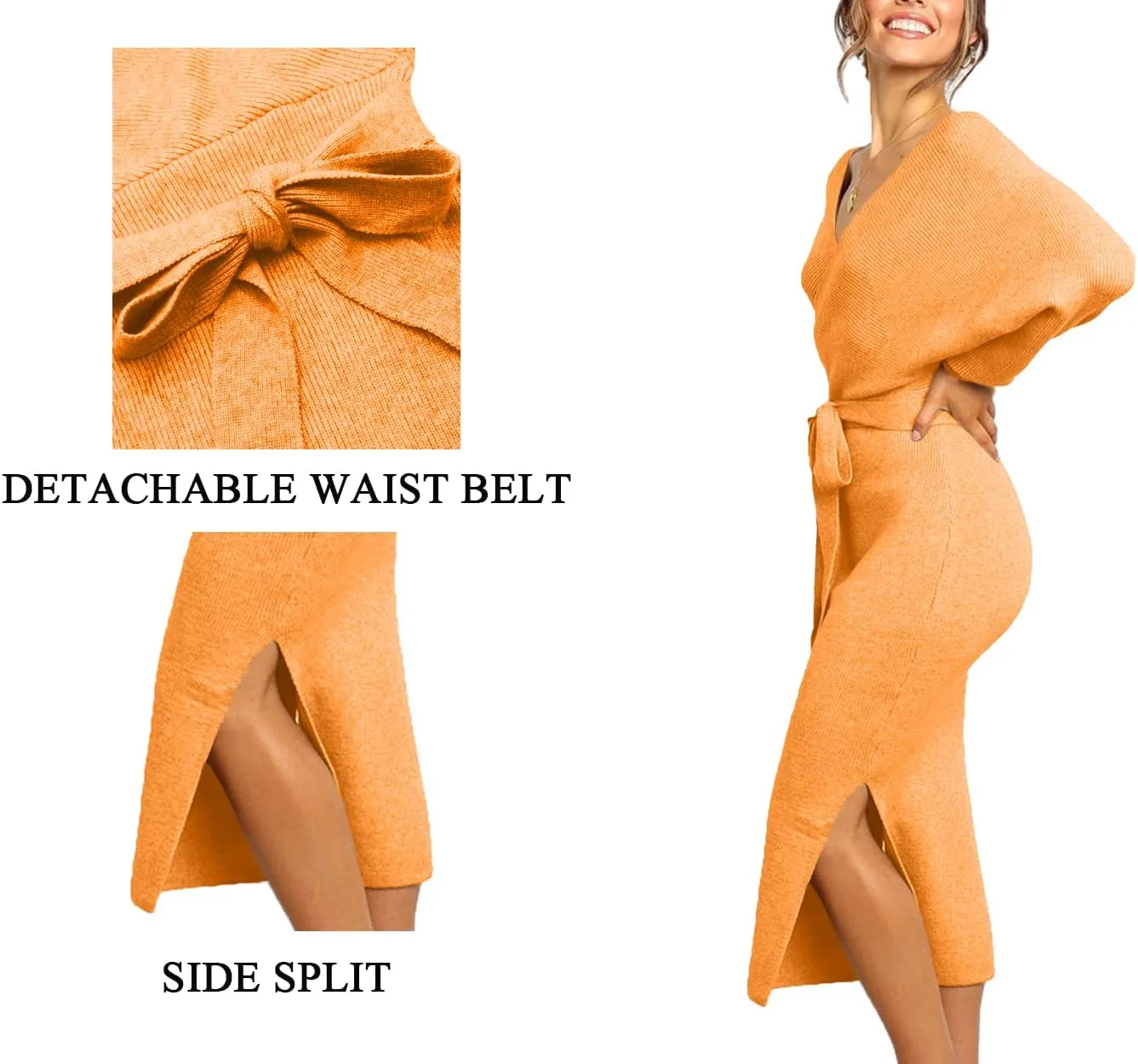 CHERFLY Women's V Neck Sweater Dresses Batwing Long Sleeve Backless Bodycon Long Dress with Belt