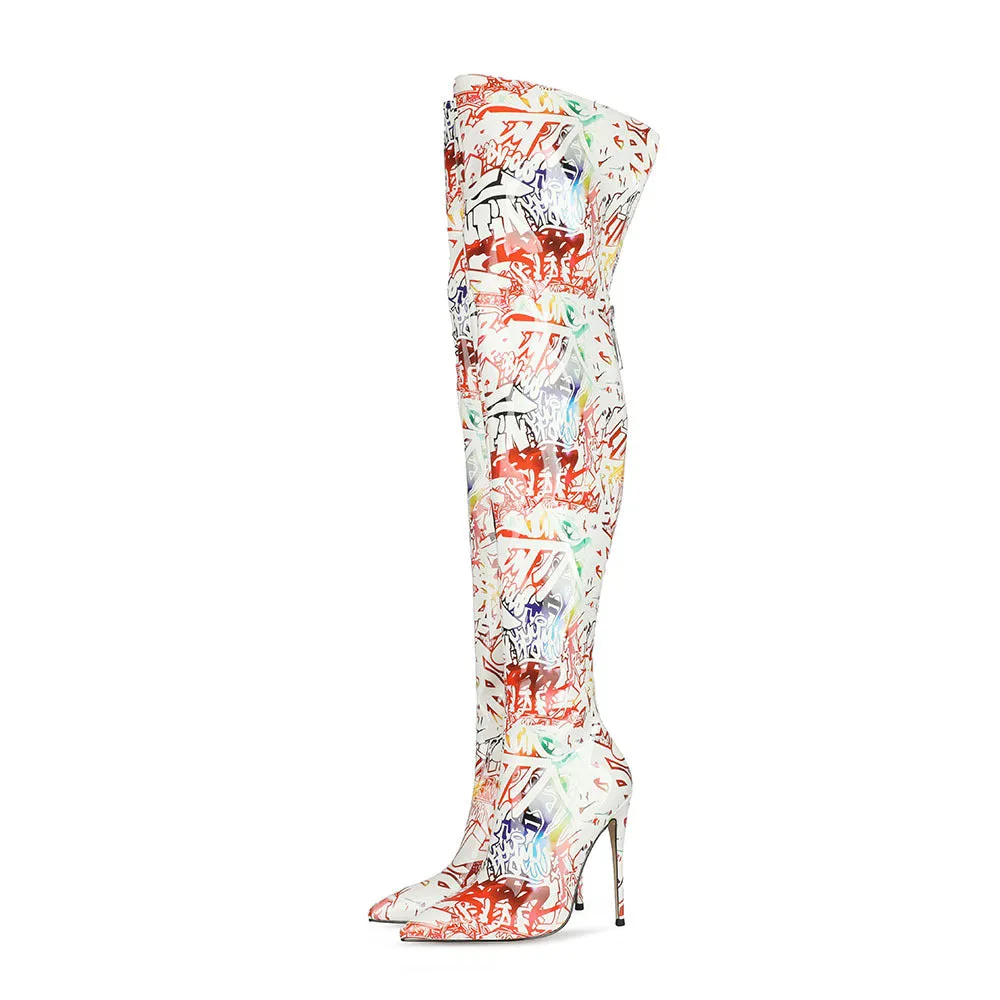 Colorful Glossy Zipper Over-the-Knee Boots