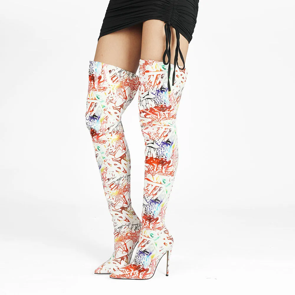 Colorful Glossy Zipper Over-the-Knee Boots