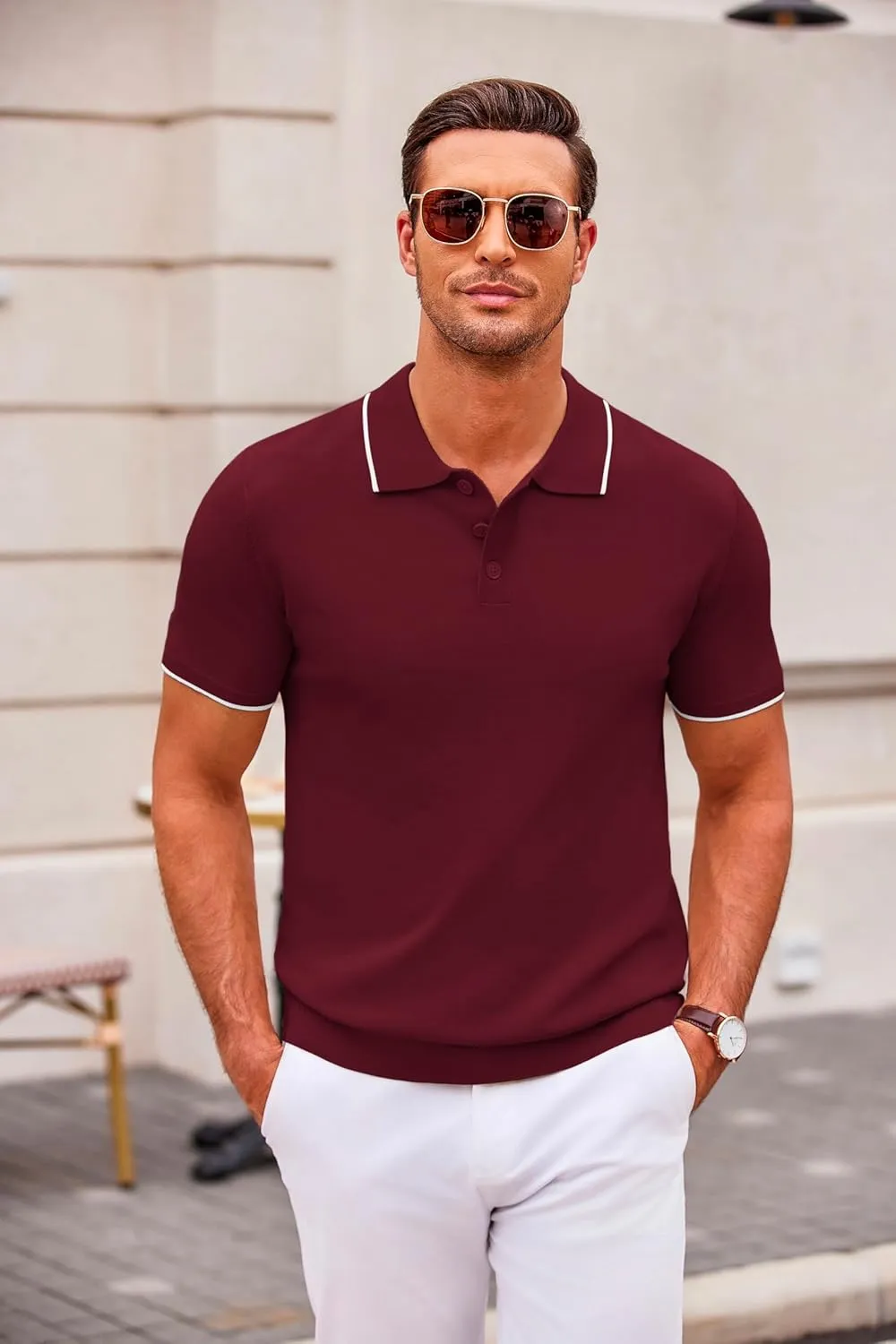 COOFANDY Mens Knit Polo Shirts Casual Short Sleeve Button Down Polo Shirt Classic Golf Shirts