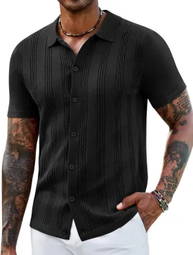 COOFANDY Men's Knit Shirts Short Sleeve Casual Button Down Polo Shirt Summer Beach Vacation Shirts