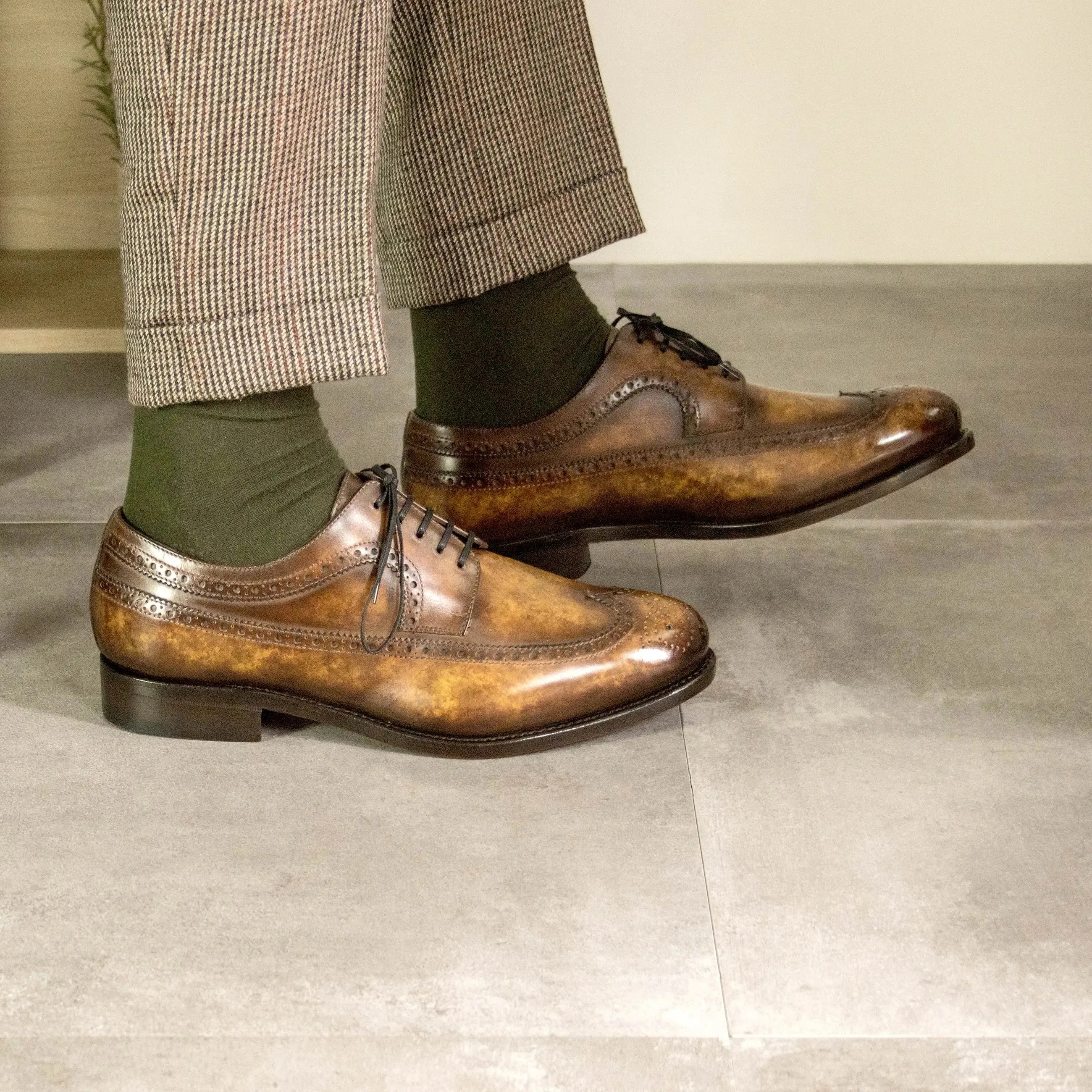DapperFam Zephyr in Cognac Men's Hand-Painted Patina Longwing Blucher