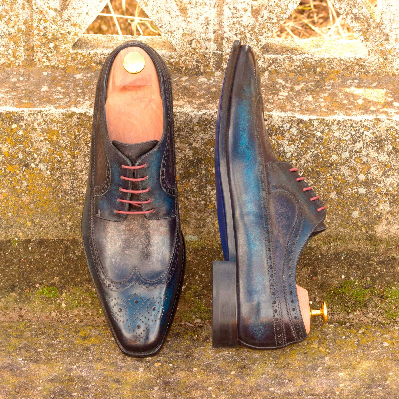 DapperFam Zephyr in Denim / Grey Men's Hand-Painted Patina Longwing Blucher
