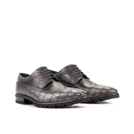DapperFam Zephyr in Grey / Black Men's Italian Croco Embossed Leather Longwing Blucher