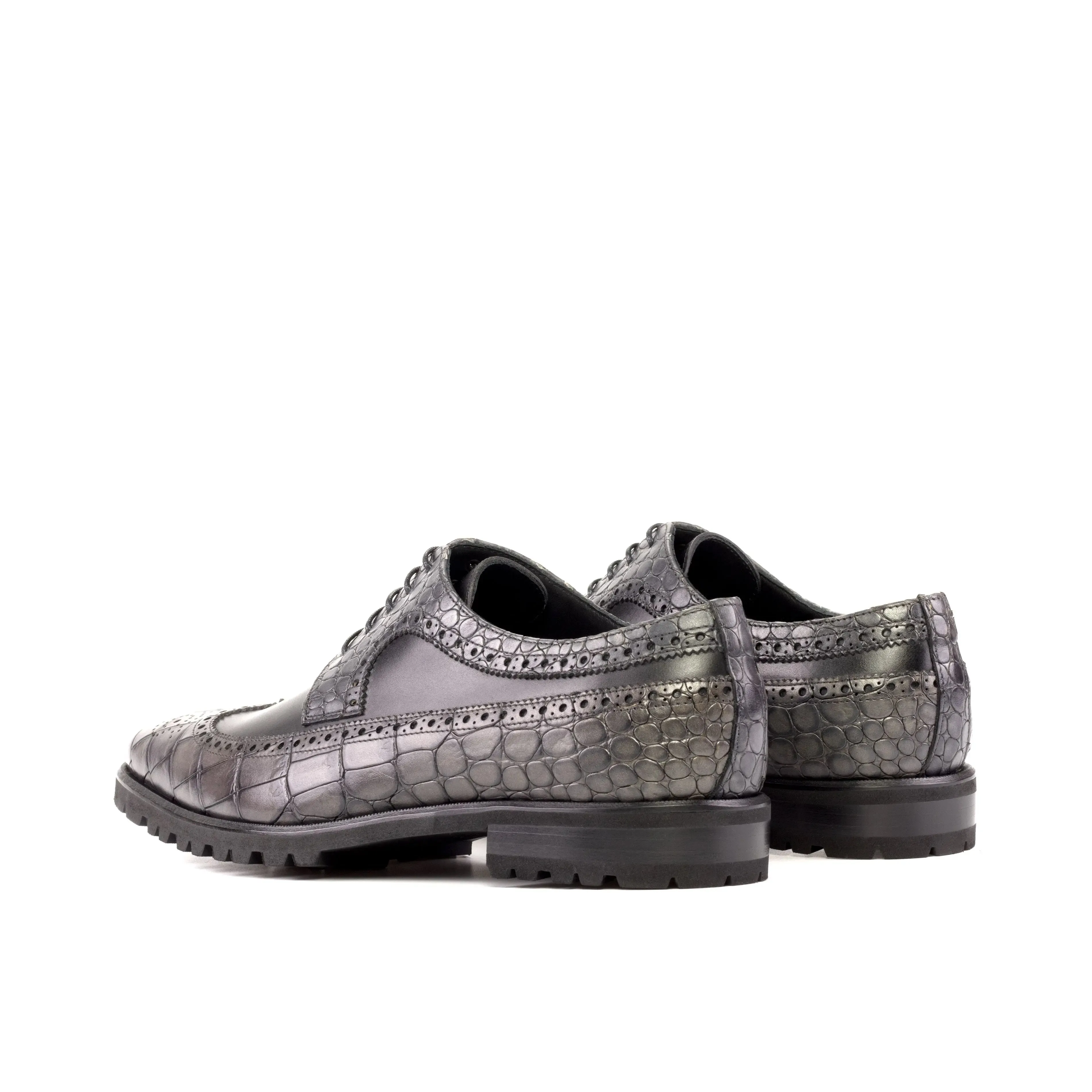 DapperFam Zephyr in Grey / Black Men's Italian Croco Embossed Leather Longwing Blucher