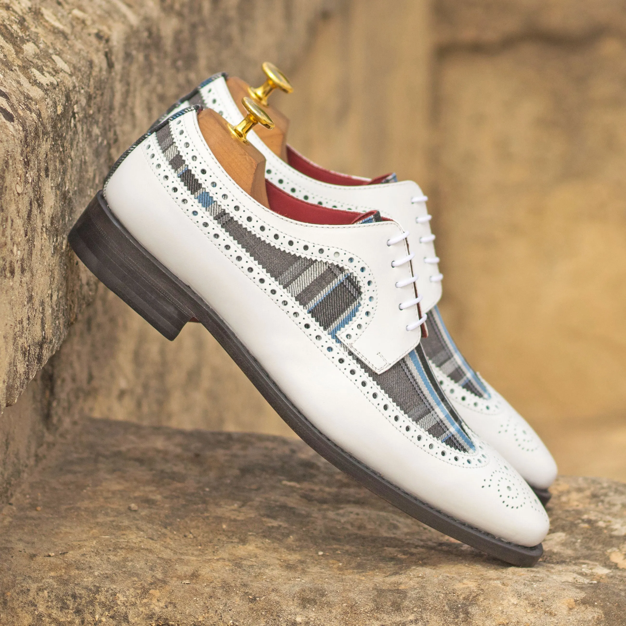 DapperFam Zephyr in Plaid / White Men's Sartorial & Italian Leather Longwing Blucher