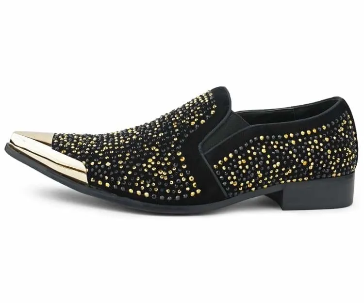Desta Black/Gold Men's Rhinestone Loafers With Metal Tip