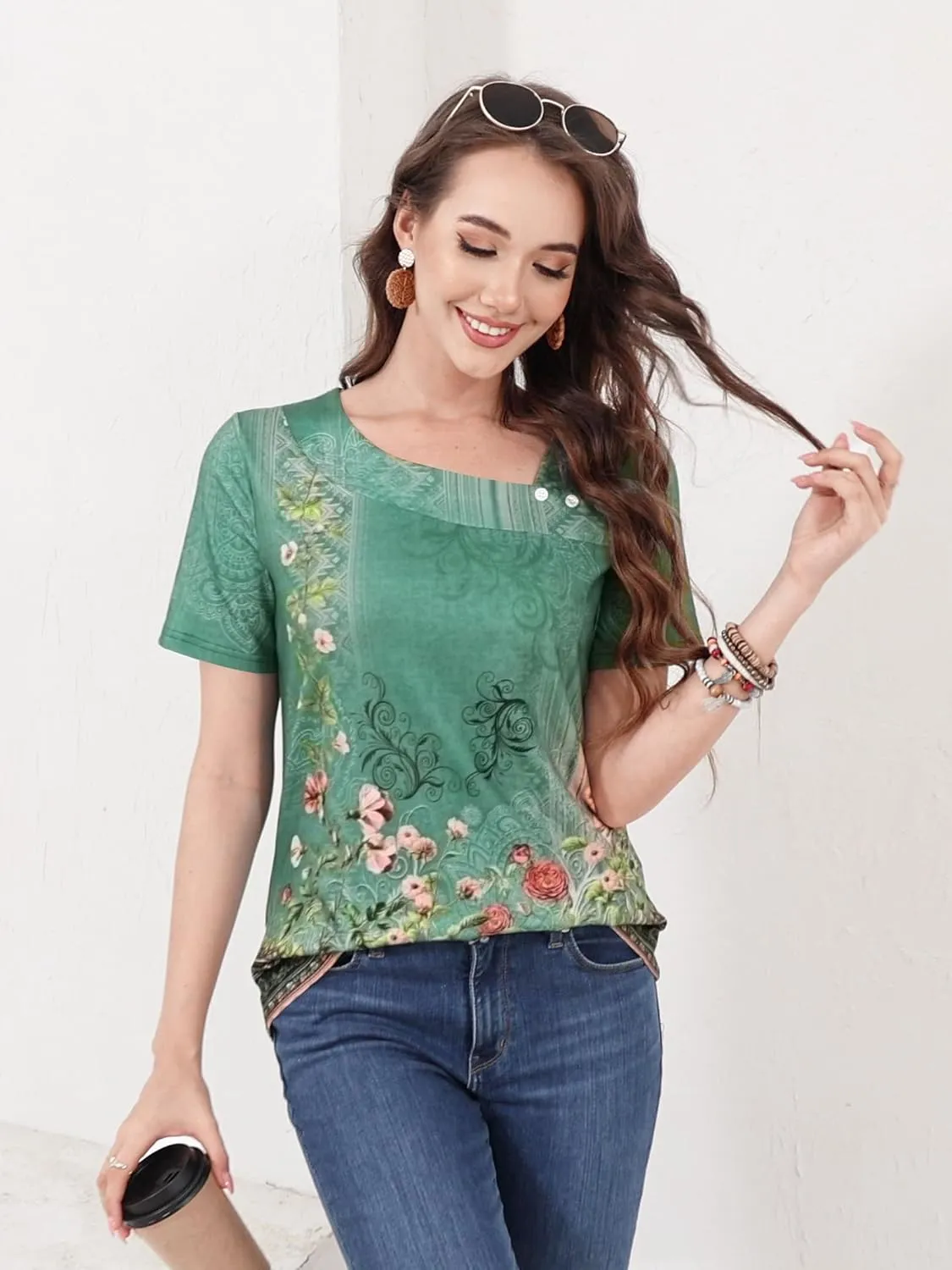 ETCYY Short Sleeve Tops for Women Trendy Summer Top 2025 Spring Shirts Square Neck Loose Tunic Dressy Casual Blouses