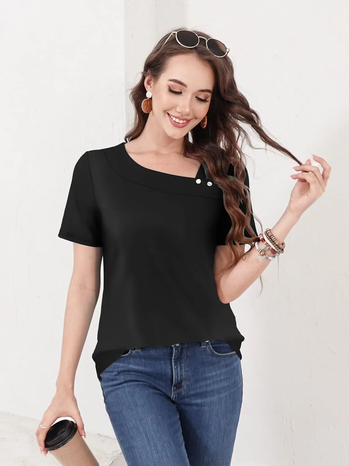 ETCYY Short Sleeve Tops for Women Trendy Summer Top 2025 Spring Shirts Square Neck Loose Tunic Dressy Casual Blouses