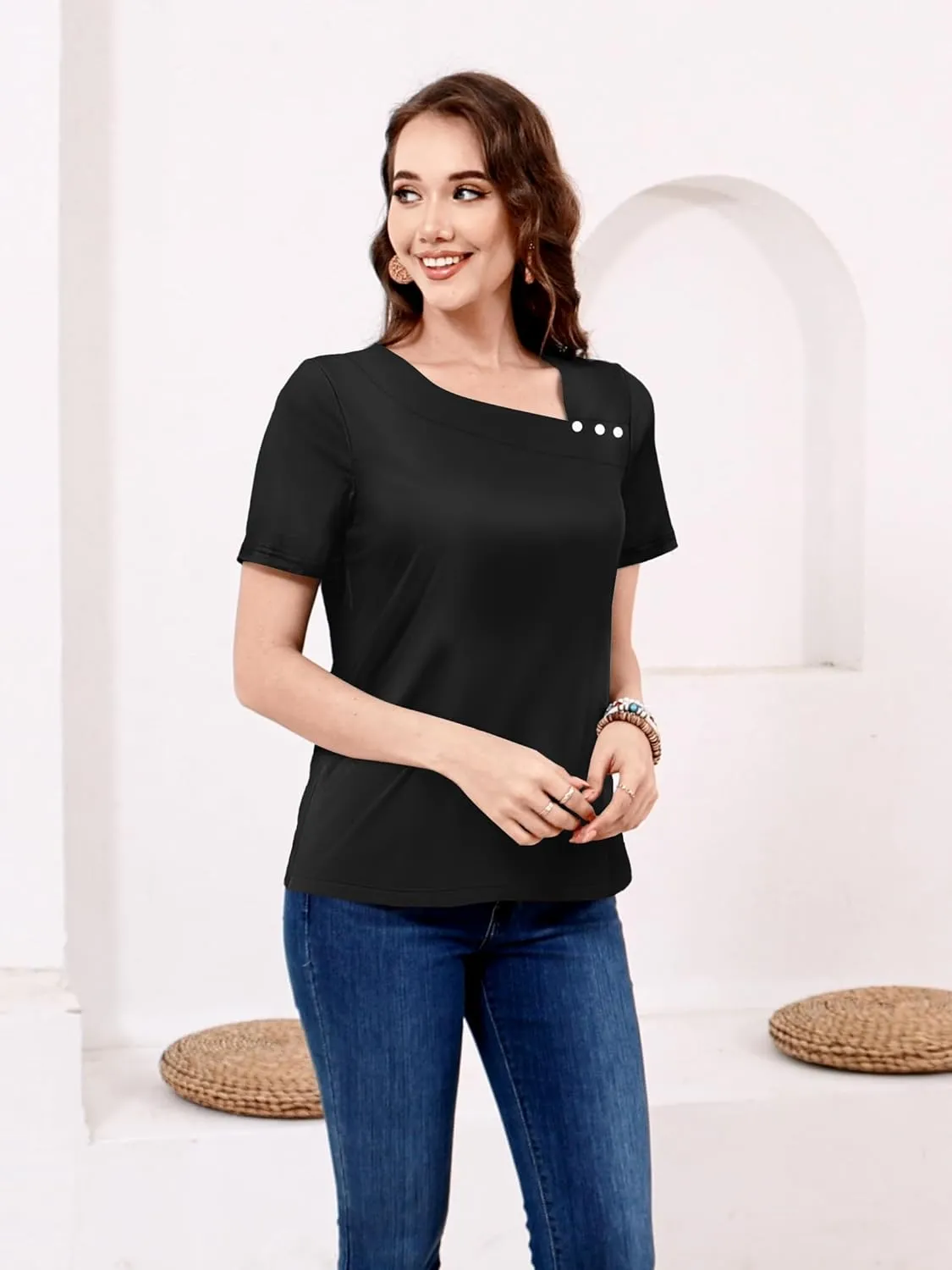 ETCYY Short Sleeve Tops for Women Trendy Summer Top 2025 Spring Shirts Square Neck Loose Tunic Dressy Casual Blouses