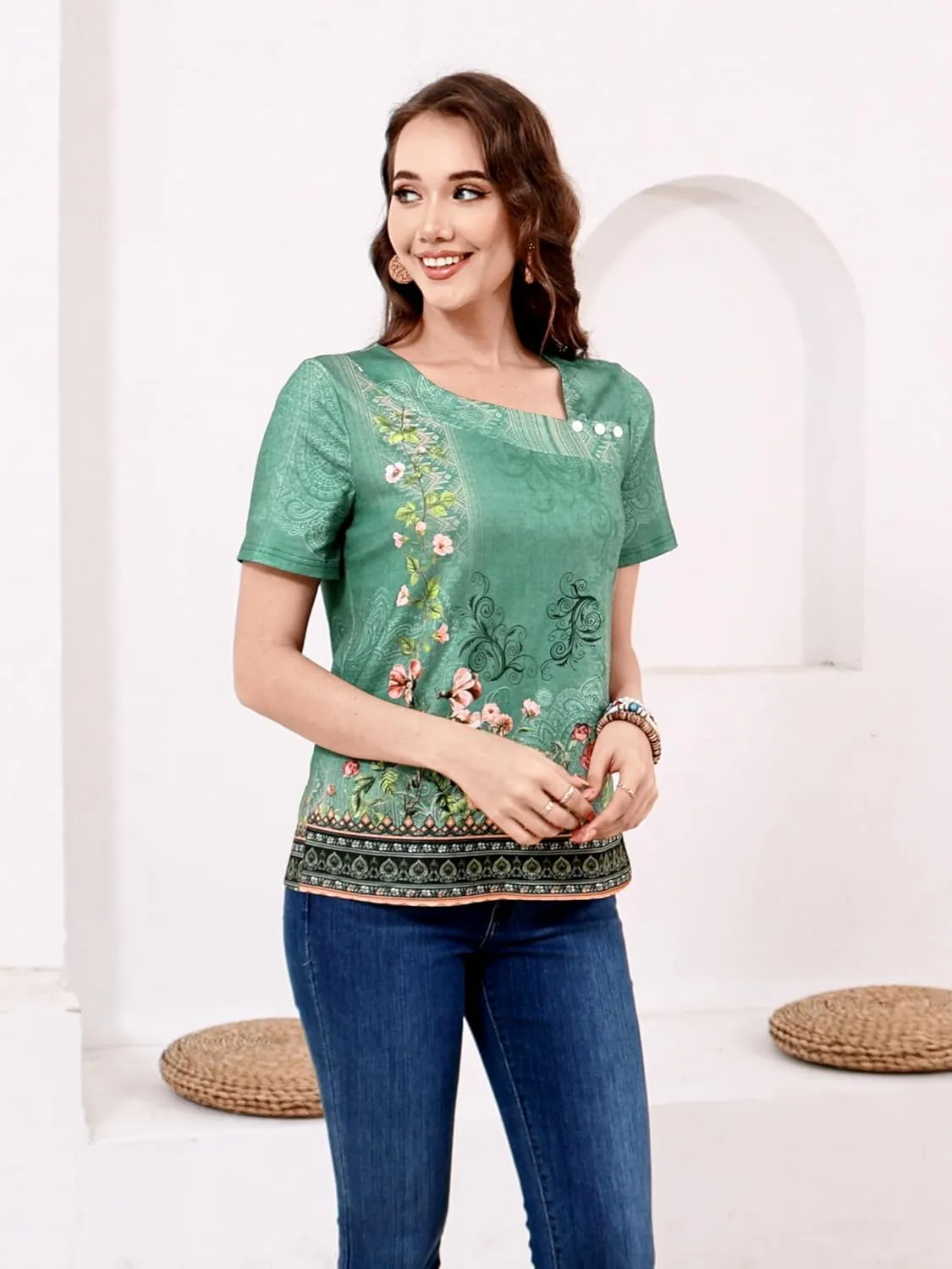 ETCYY Short Sleeve Tops for Women Trendy Summer Top 2025 Spring Shirts Square Neck Loose Tunic Dressy Casual Blouses