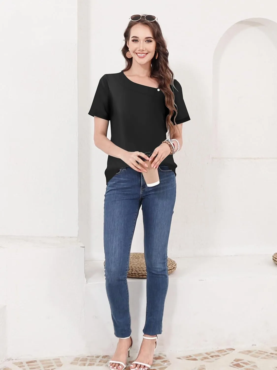 ETCYY Short Sleeve Tops for Women Trendy Summer Top 2025 Spring Shirts Square Neck Loose Tunic Dressy Casual Blouses