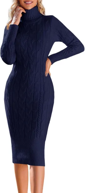 Fangetey Womens Long Sleeve Turtleneck Sweater Dresses Knitted Bodycon Midi Sheath Jumper Dresses