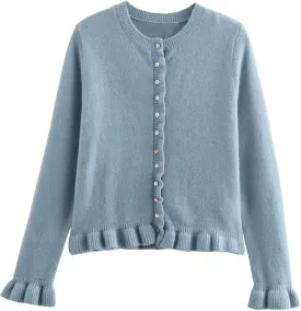 FindThy Womens Cropped Cardigan Sweater Trendy Crewneck Ruffle Long Sleeve Button Down Knitwear Tops