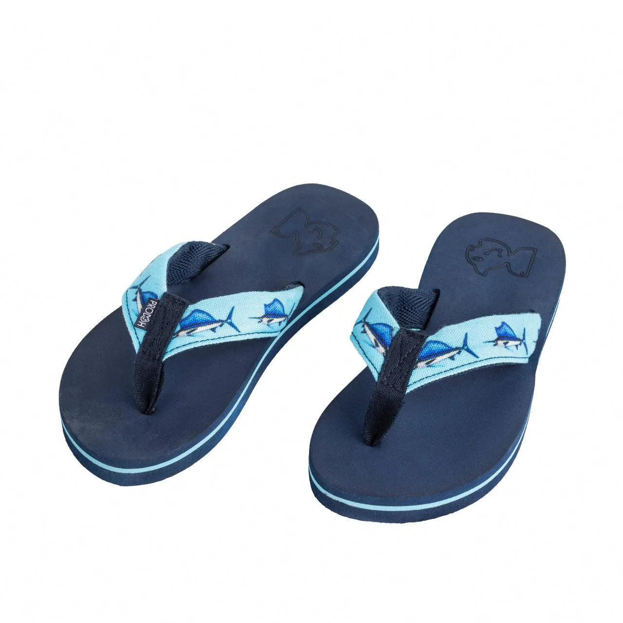 Fishin' Hole Flip Flops in Blue Sailfish Print