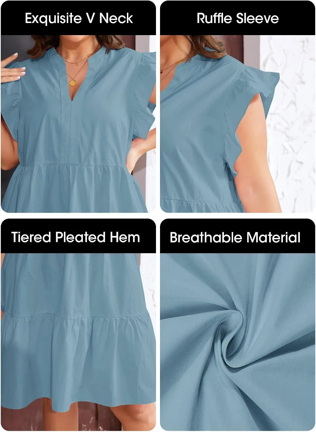 Fisoew Plus Size Dresses for Women Summer Ruffle Short Sleeve V Neck Dress Tiered Swing A Line Babydoll Mini Dress