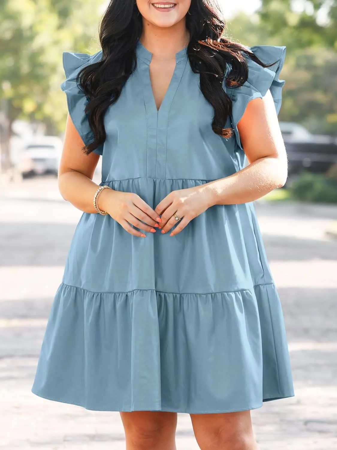 Fisoew Plus Size Dresses for Women Summer Ruffle Short Sleeve V Neck Dress Tiered Swing A Line Babydoll Mini Dress