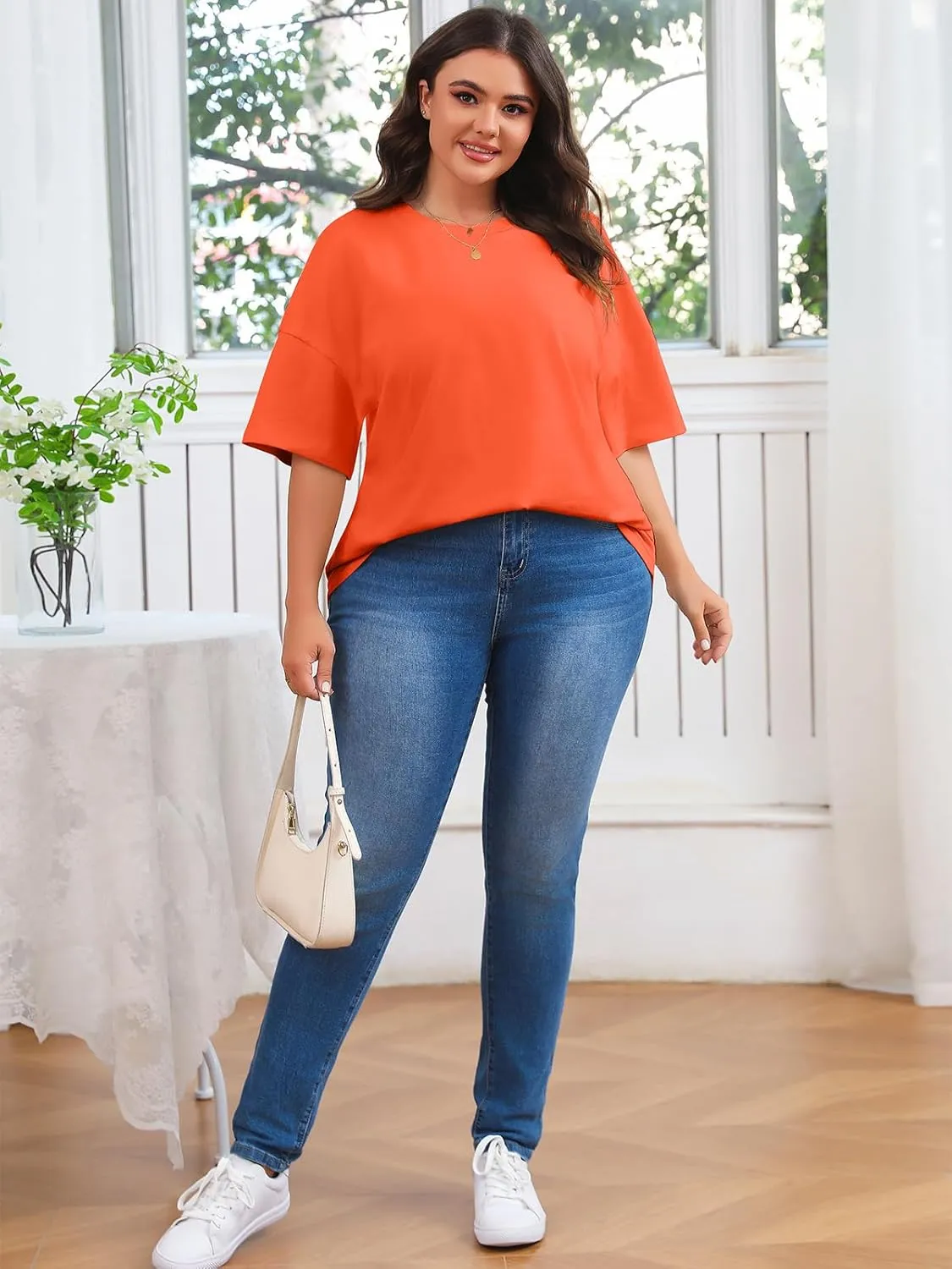 Fisoew Women's Plus Size T Shirts Oversized Tees Summer Half Sleeve Crew Neck Tunic Tops