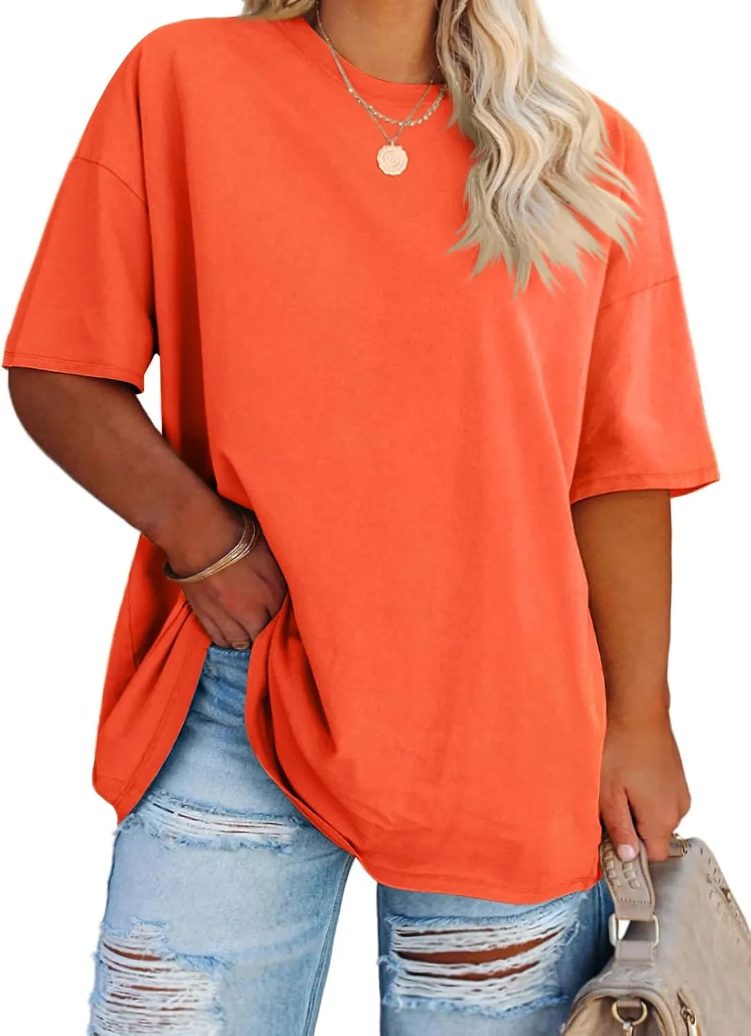 Fisoew Women's Plus Size T Shirts Oversized Tees Summer Half Sleeve Crew Neck Tunic Tops