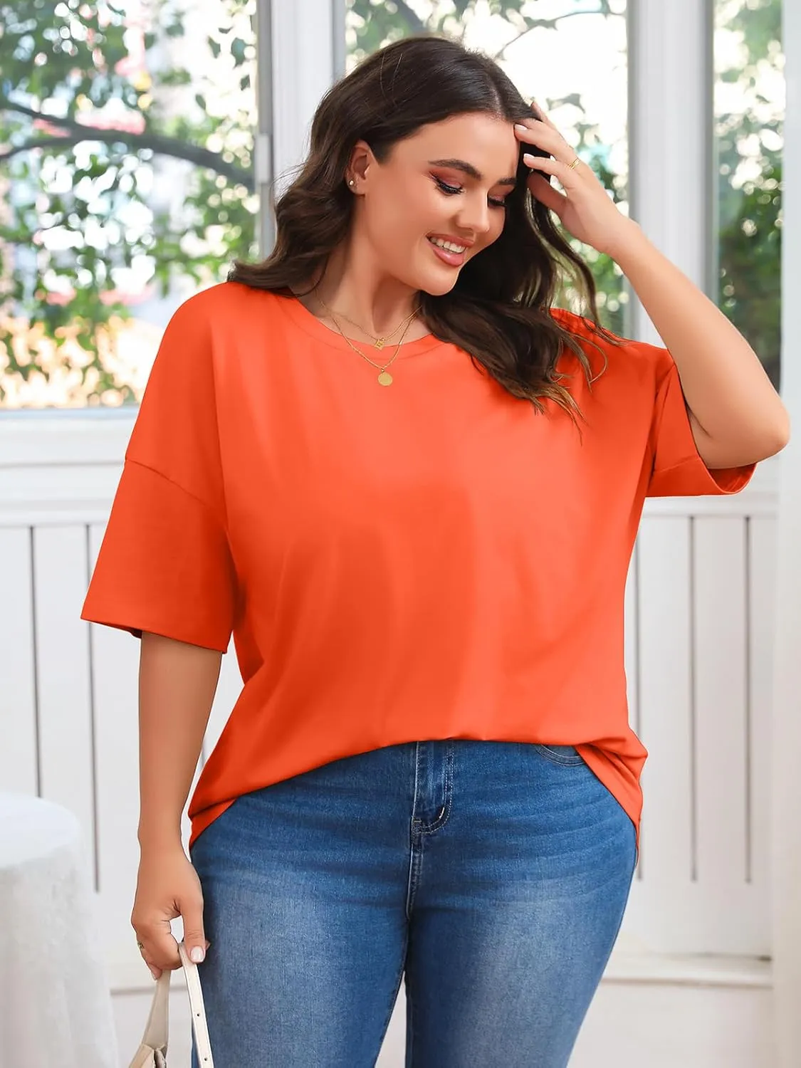 Fisoew Women's Plus Size T Shirts Oversized Tees Summer Half Sleeve Crew Neck Tunic Tops