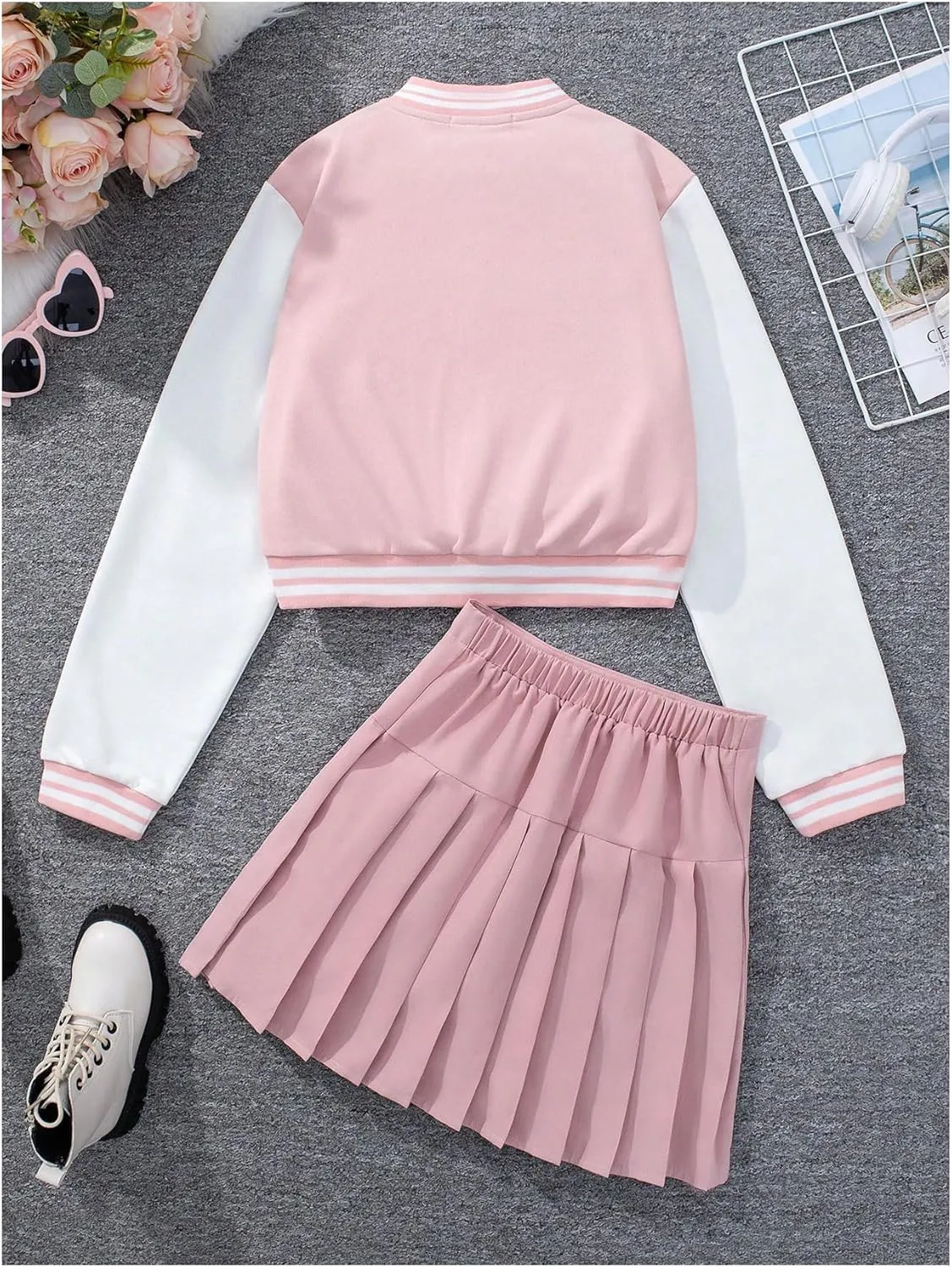 Girl's 2 Piece Outfit Letter Embroidery Baseball Jacket and Pleated Short Skirt Set