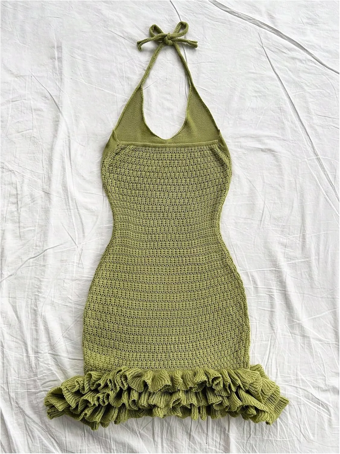 GORGLITTER Women's Crochet Halter Bodycon Mini Dress Bow Open Back Sleeveless Bubble Summer Knit Dress Elegant Classy