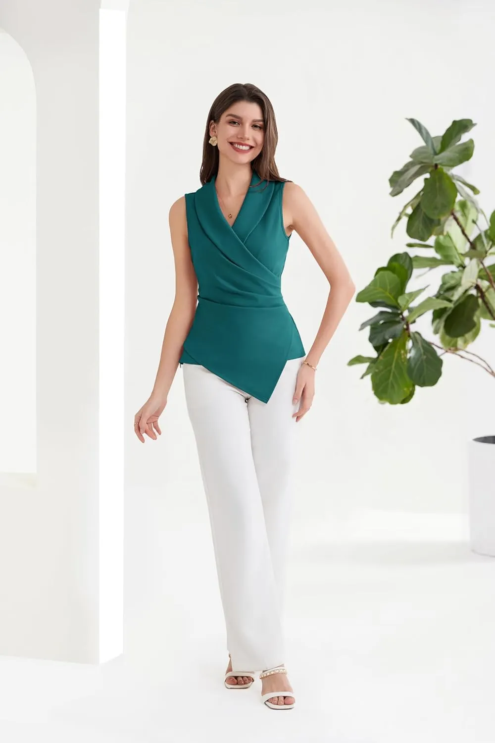 GRACE KARIN Women's Wrap V Neck Casual Work Tops Sleeveless Office Dressy Summer Blouse Asymmetrical Elegant Shirts