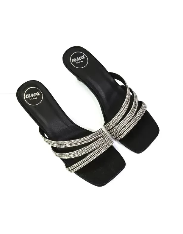 Jennie Square Toe Diamante Sparkly Gem Crystal Sandal Heeled Mules in Silver