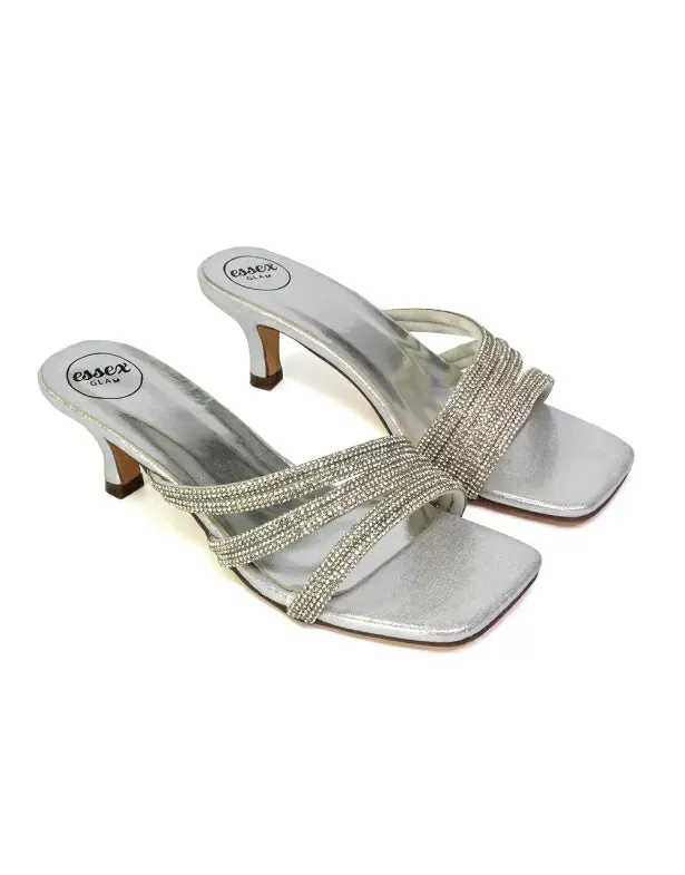 Jennie Square Toe Diamante Sparkly Gem Crystal Sandal Heeled Mules in Silver