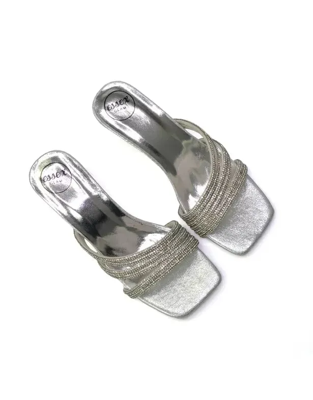 Jennie Square Toe Diamante Sparkly Gem Crystal Sandal Heeled Mules in Silver