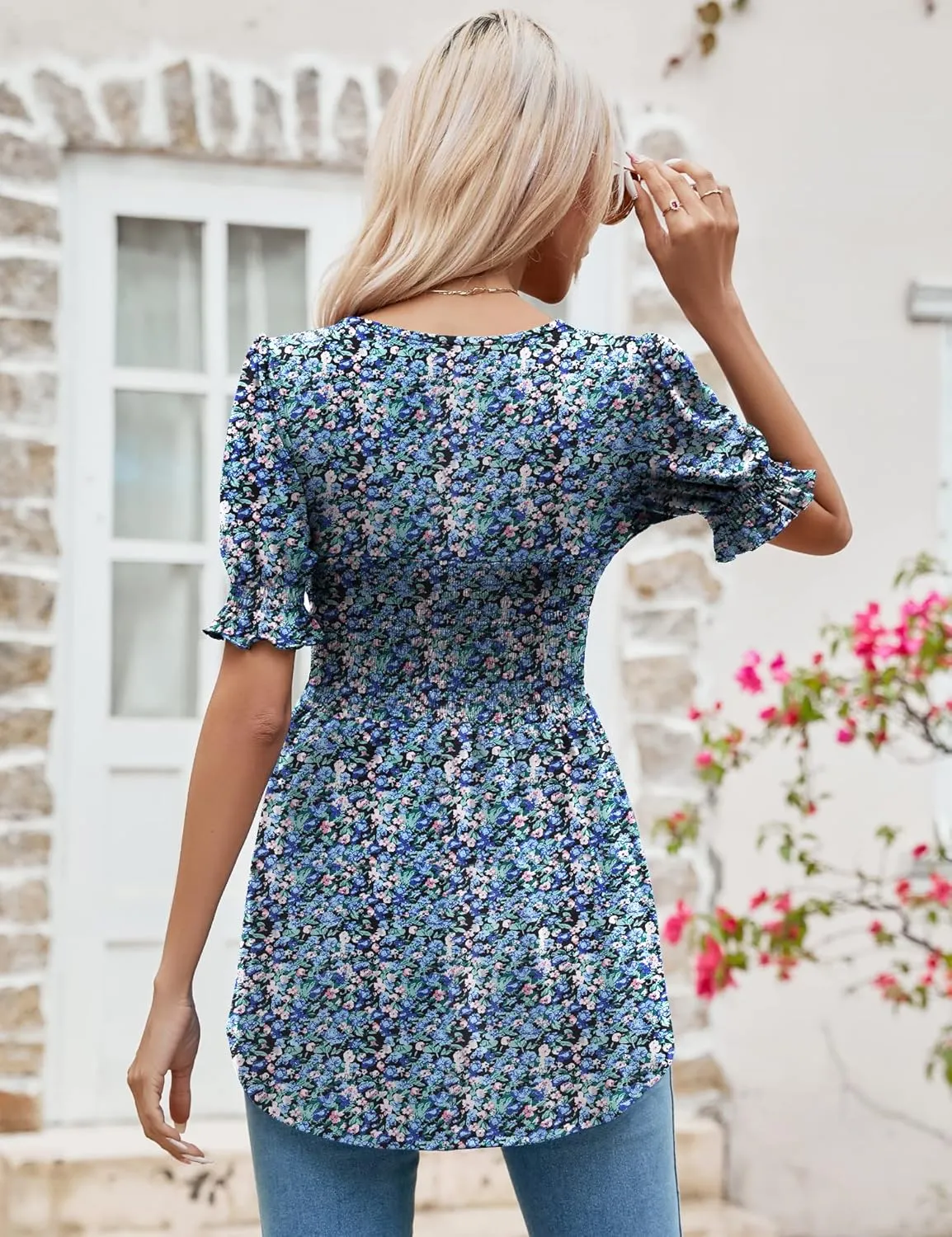 LOMON Women's Tunics Square Neck Puff Short Sleeve Smocked Top Ladies Peplum Blouse Tee Shirts 2025 Spring Summer S-XL