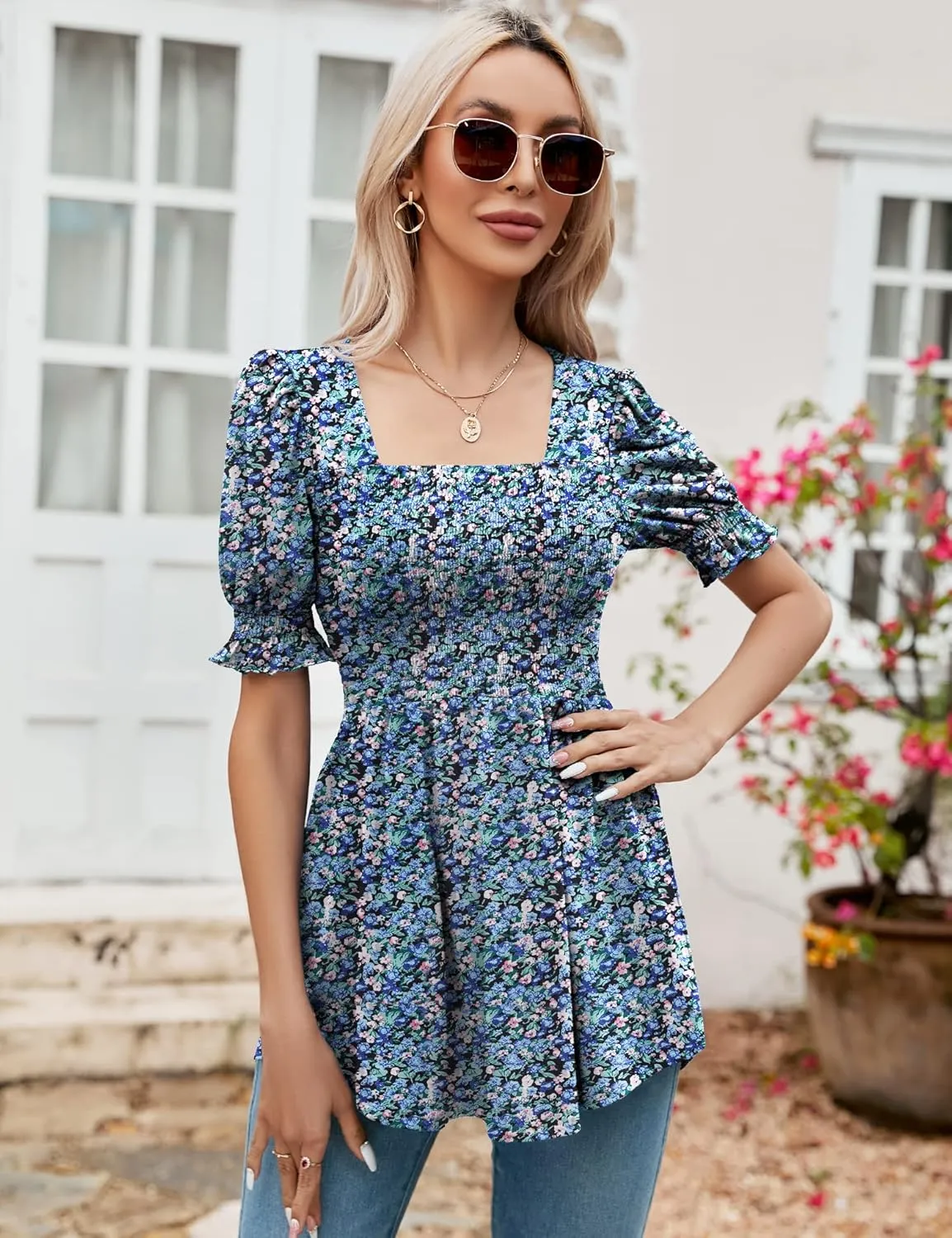 LOMON Women's Tunics Square Neck Puff Short Sleeve Smocked Top Ladies Peplum Blouse Tee Shirts 2025 Spring Summer S-XL