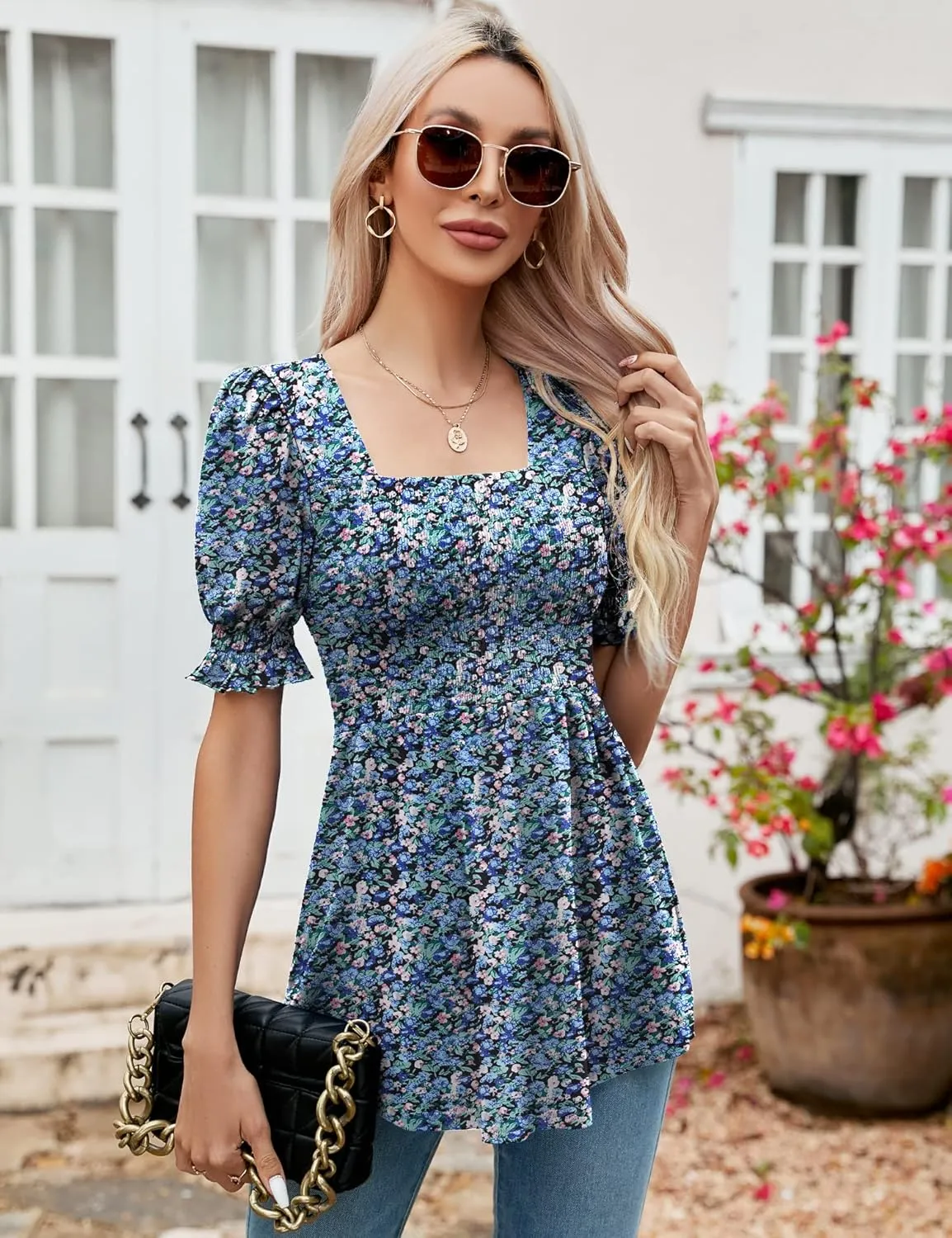 LOMON Women's Tunics Square Neck Puff Short Sleeve Smocked Top Ladies Peplum Blouse Tee Shirts 2025 Spring Summer S-XL