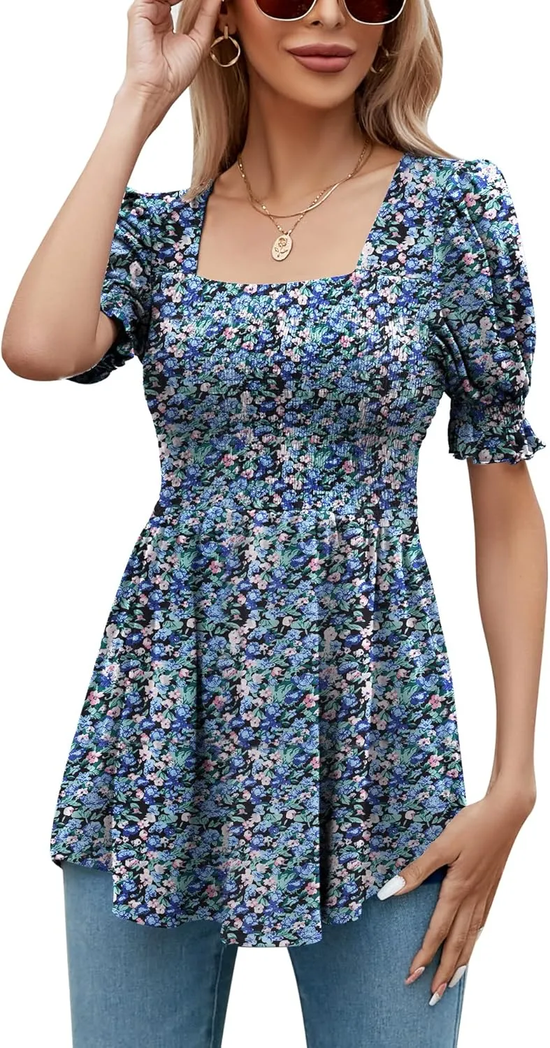 LOMON Women's Tunics Square Neck Puff Short Sleeve Smocked Top Ladies Peplum Blouse Tee Shirts 2025 Spring Summer S-XL