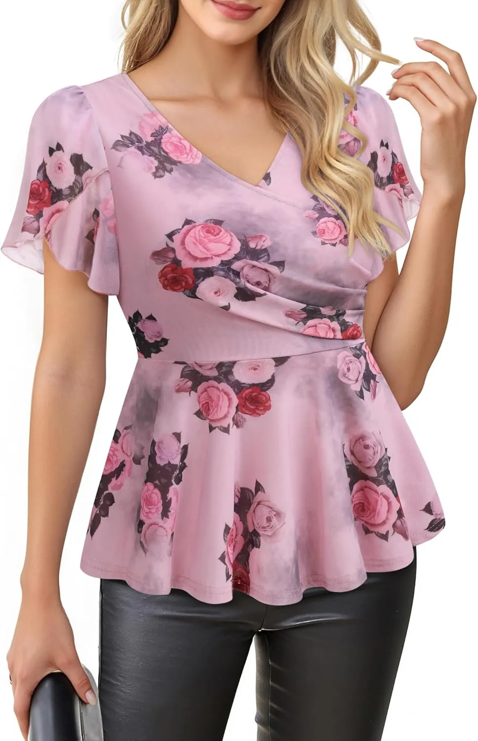 Lotusmile Womens Peplum Tops Dressy Casual Petal Sleeve Mesh Elegant Wrap Blouses for Women Work Night Out Party
