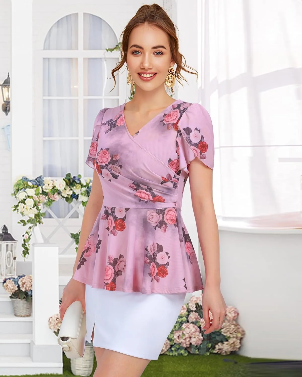 Lotusmile Womens Peplum Tops Dressy Casual Petal Sleeve Mesh Elegant Wrap Blouses for Women Work Night Out Party