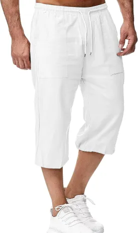LVCBL Mens Linen Shorts Men Casual Capri Pant Summer Beach Yoga Shorts with Pockets